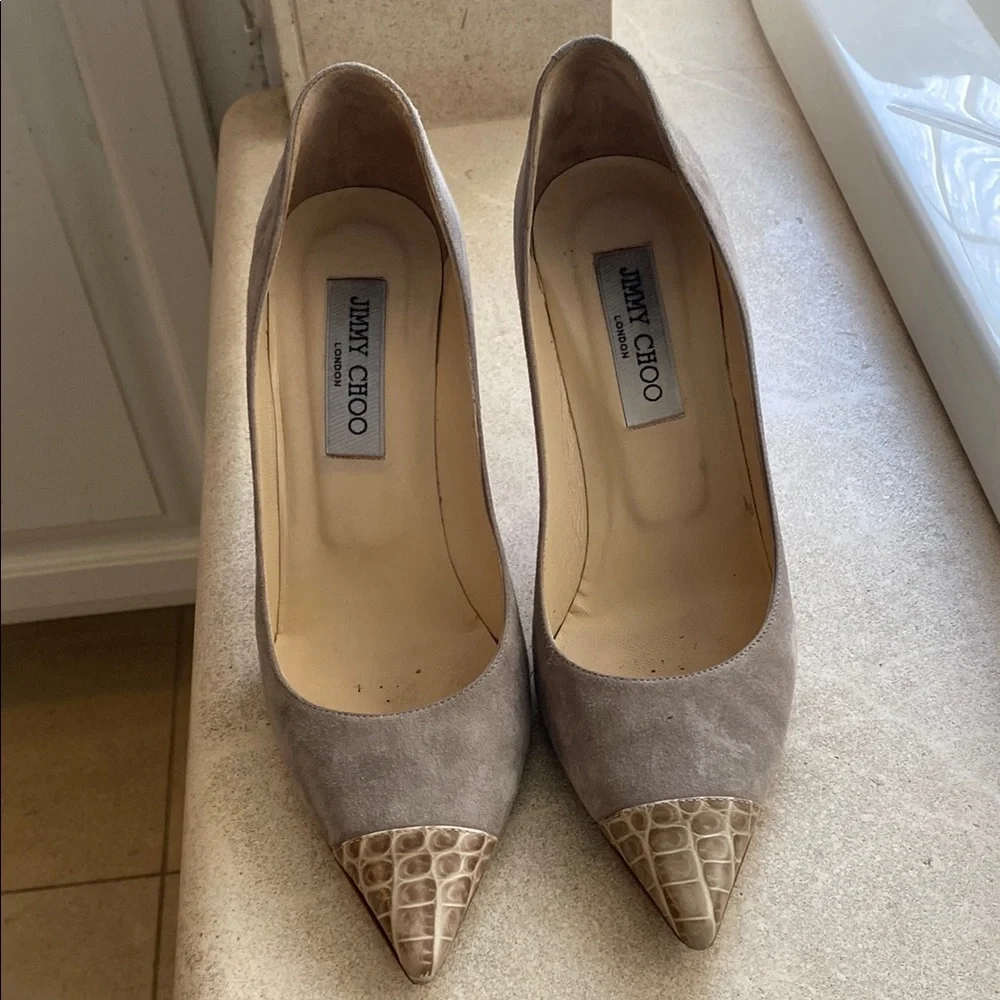 Jimmy Choo Suede Animal Print Pumps Size 38 Gray and Tan - Picture 5 of 7